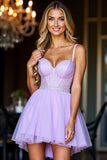 Sparkly Purple A Line Tulle Short Corset Prom Dress with Beading
