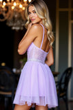 Sparkly Purple A Line Tulle Short Corset Prom Dress with Beading