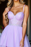 Sparkly Purple A Line Tulle Short Corset Prom Dress with Beading