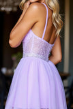 Sparkly Purple A Line Tulle Short Corset Prom Dress with Beading