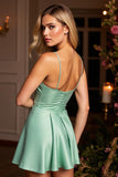 Sparkly Green A Line Spaghetti Straps Satin Short Prom Dress with Beading