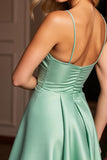 Sparkly Green A Line Spaghetti Straps Satin Short Prom Dress with Beading
