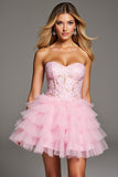 Pink Sweetheart Ruffled A Line Short Corset Prom Dress with Lace
