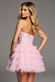 Pink Sweetheart Ruffled A Line Short Corset Prom Dress with Lace
