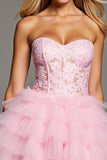 Pink Sweetheart Ruffled A Line Short Corset Prom Dress with Lace