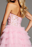 Pink Sweetheart Ruffled A Line Short Corset Prom Dress with Lace