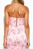 Strapless Pink Floral Tight Short Satin Prom Dress