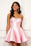 Sparkly Pink Sweetheart A Line Short Satin Prom Dress with Beading