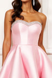 Sparkly Pink Sweetheart A Line Short Satin Prom Dress with Beading