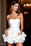 White Floral Strapless Tight Satin Short Prom Dress with Ruffles