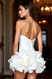 White Floral Strapless Tight Satin Short Prom Dress with Ruffles