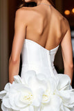 White Floral Strapless Tight Satin Short Prom Dress with Ruffles