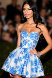 Short White Blue Floral Sweetheart A Line Satin Prom Dress