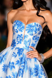 Short White Blue Floral Sweetheart A Line Satin Prom Dress