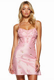 Pink Floral Spaghetti Straps Satin Appliqued Short Prom Dress