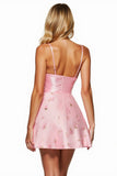 Pink Floral Spaghetti Straps Satin Appliqued Short Prom Dress