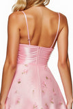Pink Floral Spaghetti Straps Satin Appliqued Short Prom Dress
