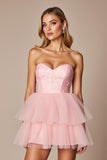 Short Pink A Line Tulle Sweetheart Prom Dress with Ruffles