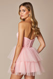 Short Pink A Line Tulle Sweetheart Prom Dress with Ruffles