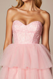 Short Pink A Line Tulle Sweetheart Prom Dress with Ruffles