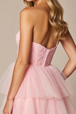 Short Pink A Line Tulle Sweetheart Prom Dress with Ruffles