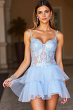 Blue A Line Spaghetti Straps Tulle Short Prom Dress with Lace