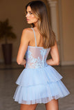 Blue A Line Spaghetti Straps Tulle Short Prom Dress with Lace