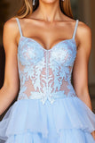 Blue A Line Spaghetti Straps Tulle Short Prom Dress with Lace