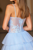 Blue A Line Spaghetti Straps Tulle Short Prom Dress with Lace