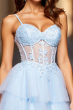 Light Blue A Line Spaghetti Straps Tulle Short Corset Prom Dress