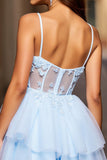 Light Blue A Line Spaghetti Straps Tulle Short Corset Prom Dress