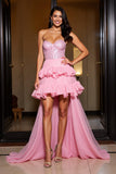 Sparkly Ruffled Pink A Line Sweetheart High-Low Prom Dress