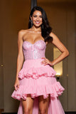 Sparkly Ruffled Pink A Line Sweetheart High-Low Prom Dress