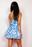 A Line White Blue Floral Sweetheart Short Tulle Prom Dress