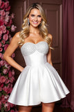 Sparkly Satin White A Line Sweetheart Short Beaded Prom Dress