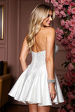 Sparkly Satin White A Line Sweetheart Short Beaded Prom Dress
