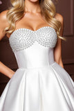 Sparkly Satin White A Line Sweetheart Short Beaded Prom Dress
