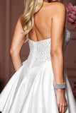 Sparkly Satin White A Line Sweetheart Short Beaded Prom Dress
