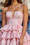Short Pink Floral A Line Spaghetti Straps Tiered Prom Dress with Ruffles