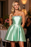 Green A Line Strapless Satin Short Prom Dress with Beading