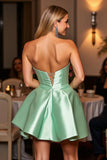 Green A Line Strapless Satin Short Prom Dress with Beading