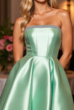 Green A Line Strapless Satin Short Prom Dress with Beading