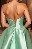 Green A Line Strapless Satin Short Prom Dress with Beading
