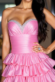 Hot Pink Satin Tiered Short Ruched Prom Dress with Beading