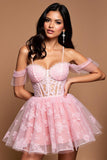 Pink Tulle Cold Shoulder A Line Short Corset Prom Dress with Lace