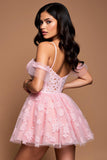 Pink Tulle Cold Shoulder A Line Short Corset Prom Dress with Lace