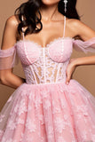 Pink Tulle Cold Shoulder A Line Short Corset Prom Dress with Lace