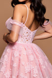 Pink Tulle Cold Shoulder A Line Short Corset Prom Dress with Lace
