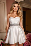 A Line Satin Strapless Short White Bridal Dress with Beading