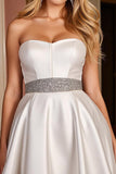 A Line Satin Strapless Short White Bridal Dress with Beading